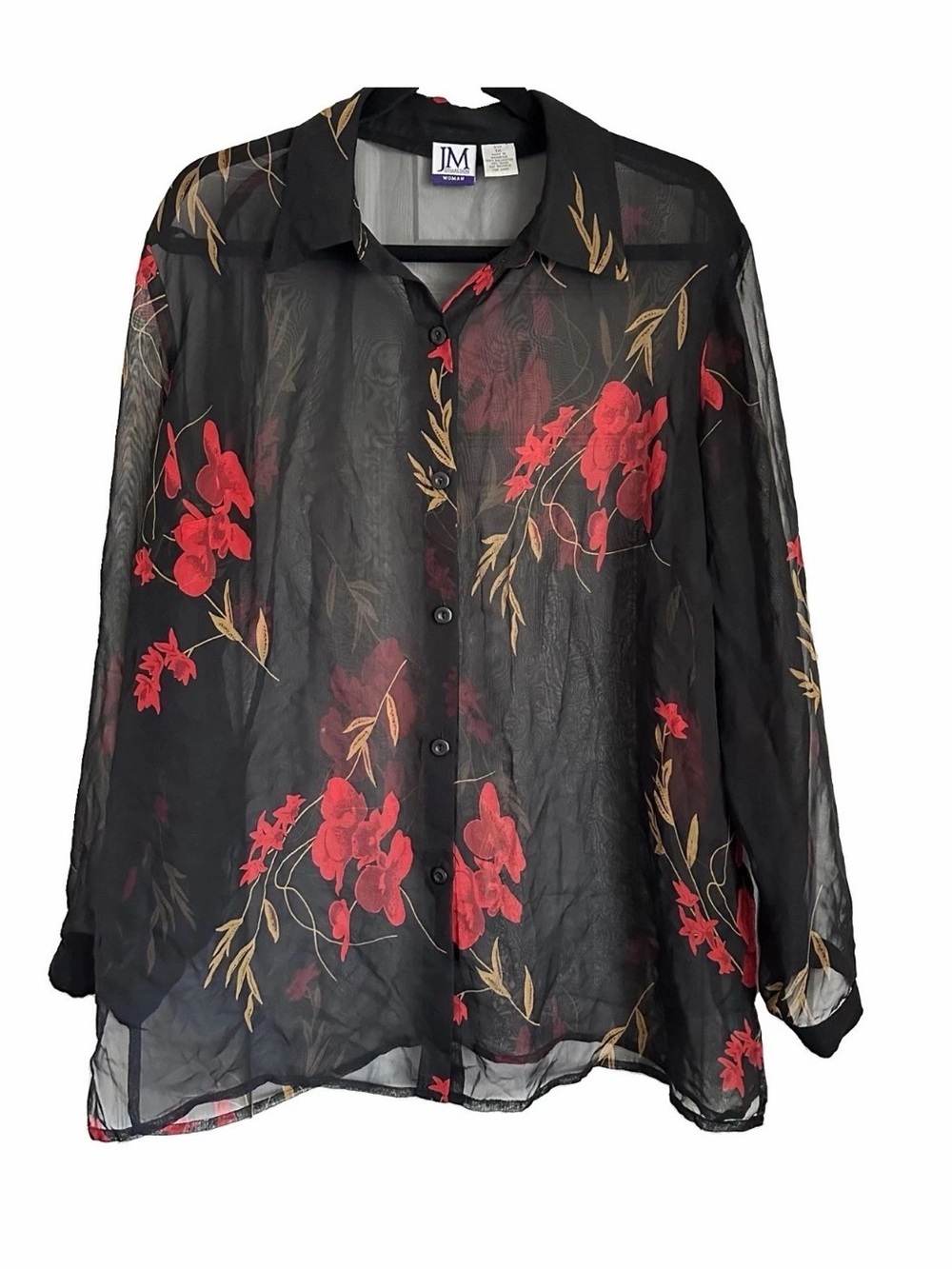 JM Collection Shirt Womens 1X Black Red Floral Sheer Long Sleeve Top Whimsigoth